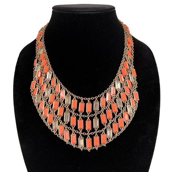 Banana Republic Milly 3 Layer Bib Necklace Orange Coral Gold Rhinestone … - Picture 6 of 9
